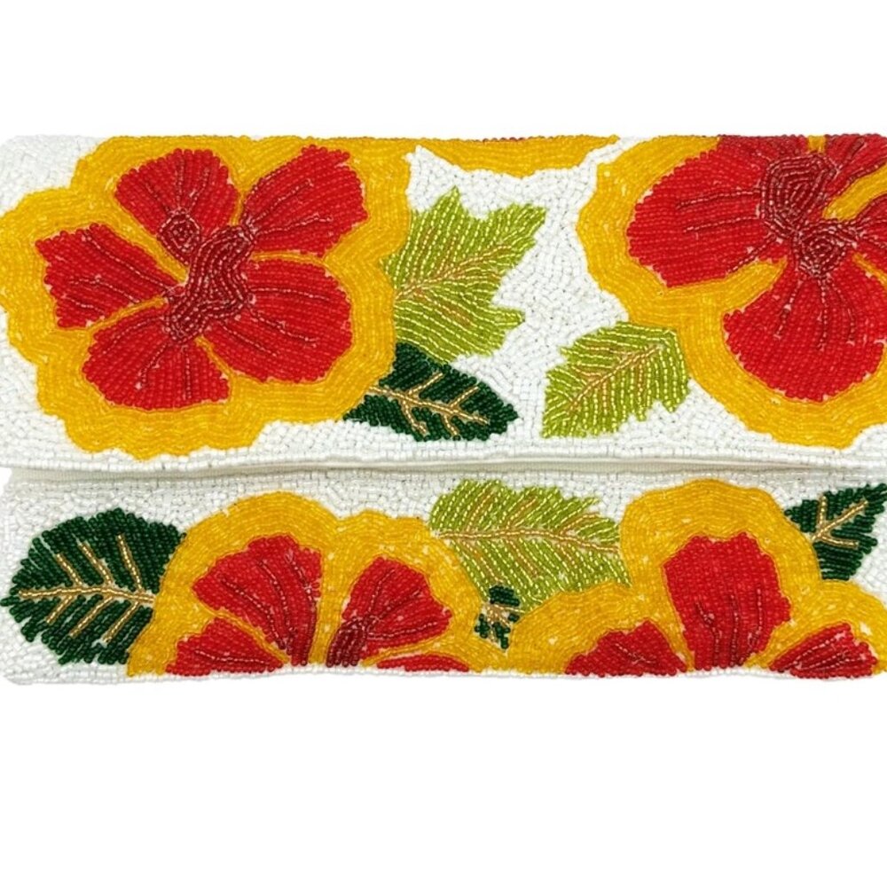 Red Yellow Flowers Beaded Clutch